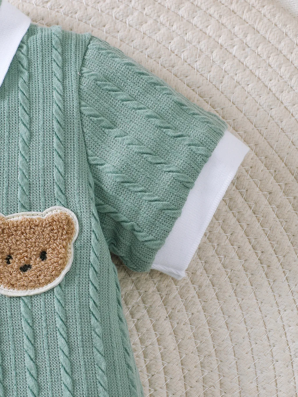 Newborn Baby Boy Romper Short Sleeved Striped Lapel with Little Bear Pattern Gentleman's Jumpsuit Summer Baby Onesie1-18Months