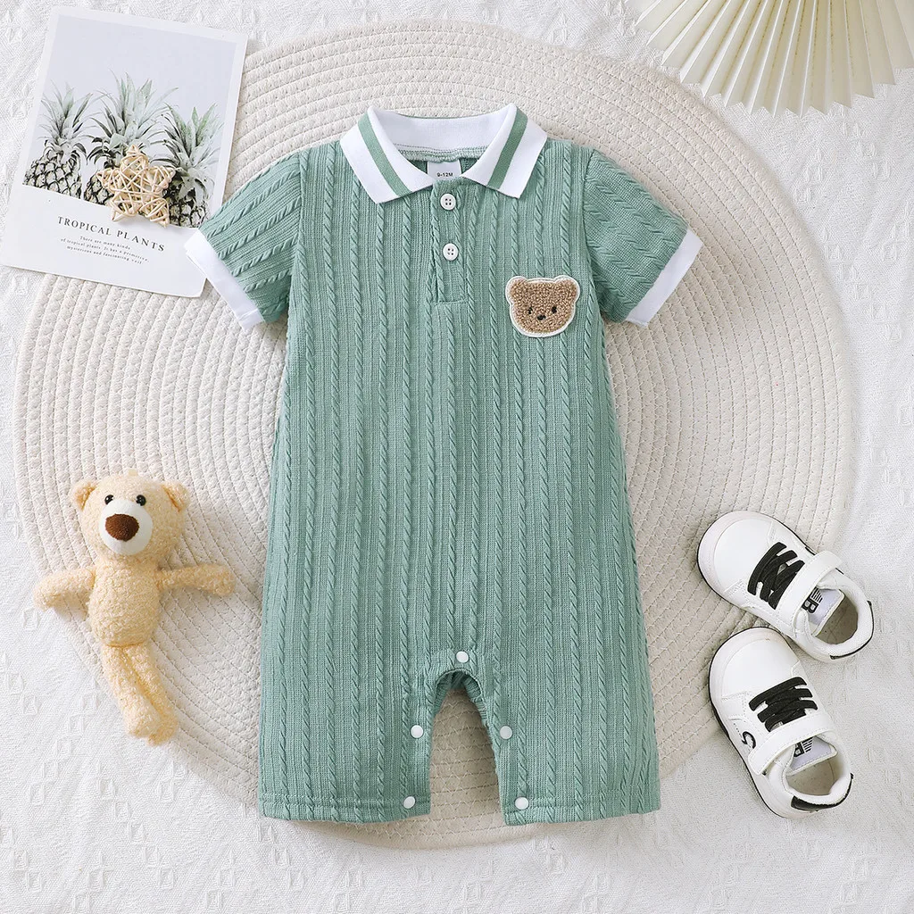 Newborn Baby Boy Romper Short Sleeved Striped Lapel with Little Bear Pattern Gentleman's Jumpsuit Summer Baby Onesie1-18Months