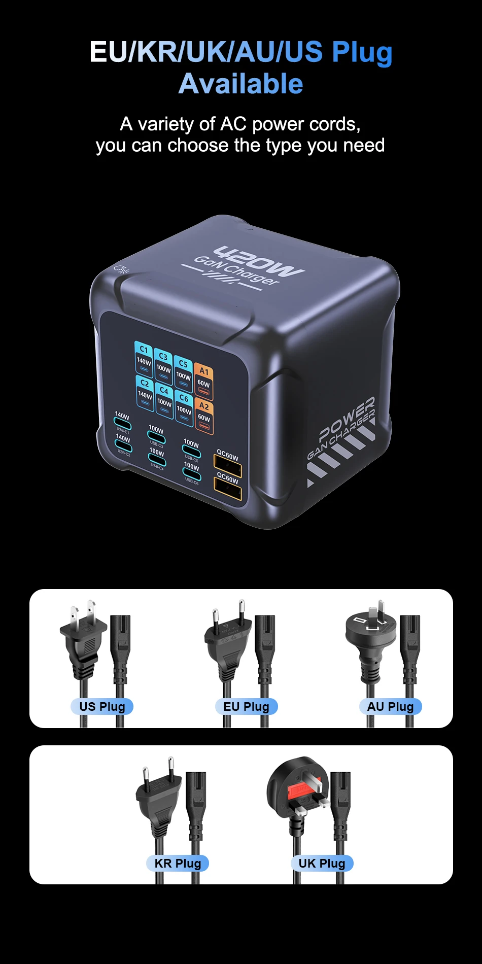 Ubigbuy 300W GaN Charger PPS PD 100W USB Type C 6-Port Digital Display Desktop Fast Charging Station for MacBook iPhone Samsung