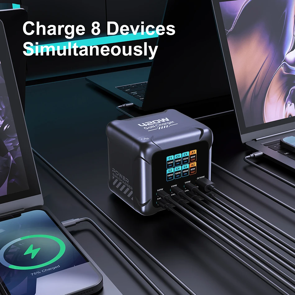Ubigbuy 300W GaN Charger PPS PD 100W USB Type C 6-Port Digital Display Desktop Fast Charging Station for MacBook iPhone Samsung