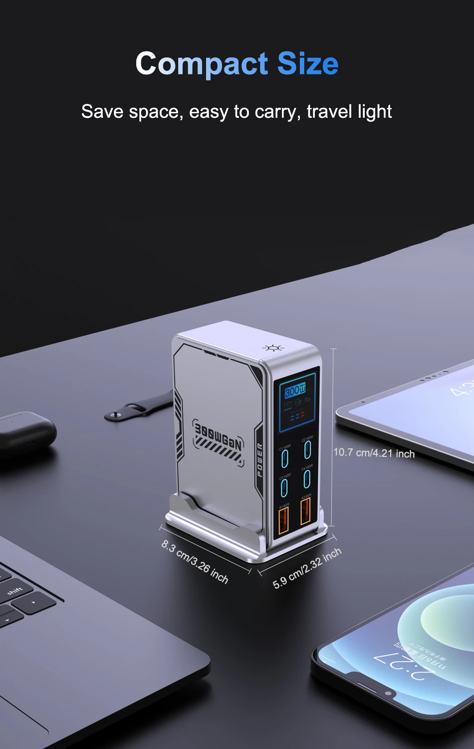 Ubigbuy 300W GaN Charger PPS PD 100W USB Type C 6-Port Digital Display Desktop Fast Charging Station for MacBook iPhone Samsung