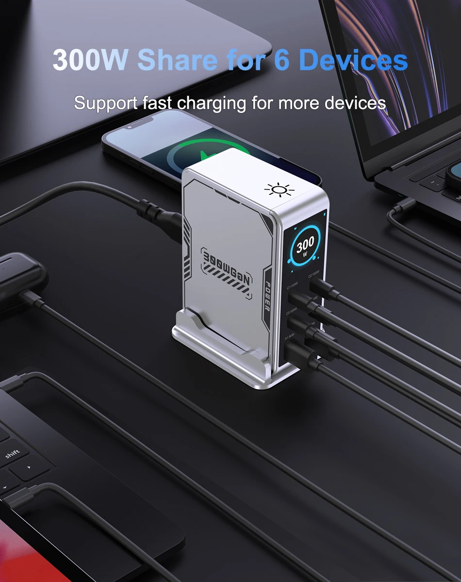 Ubigbuy 300W GaN Charger PPS PD 100W USB Type C 6-Port Digital Display Desktop Fast Charging Station for MacBook iPhone Samsung