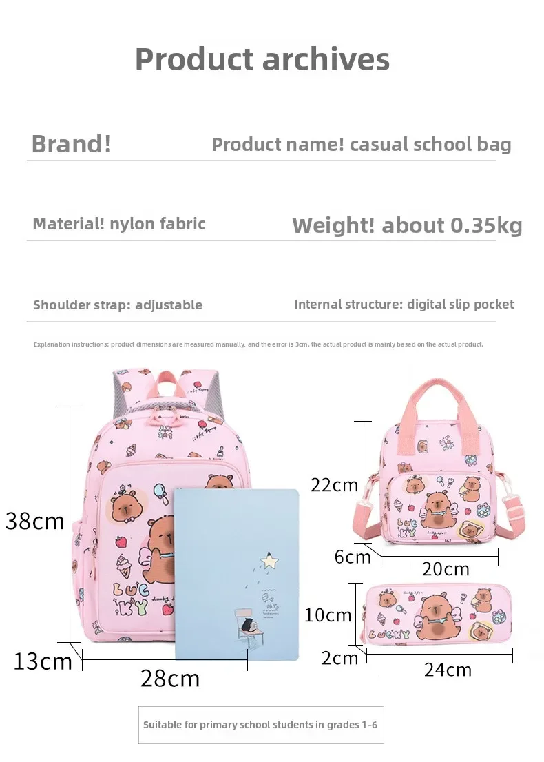 Capybara Colorful Backpack 3Pcs/Set for Women Casual School Bags with Lunch Bag Girl Boy Student Teenager Rucksack