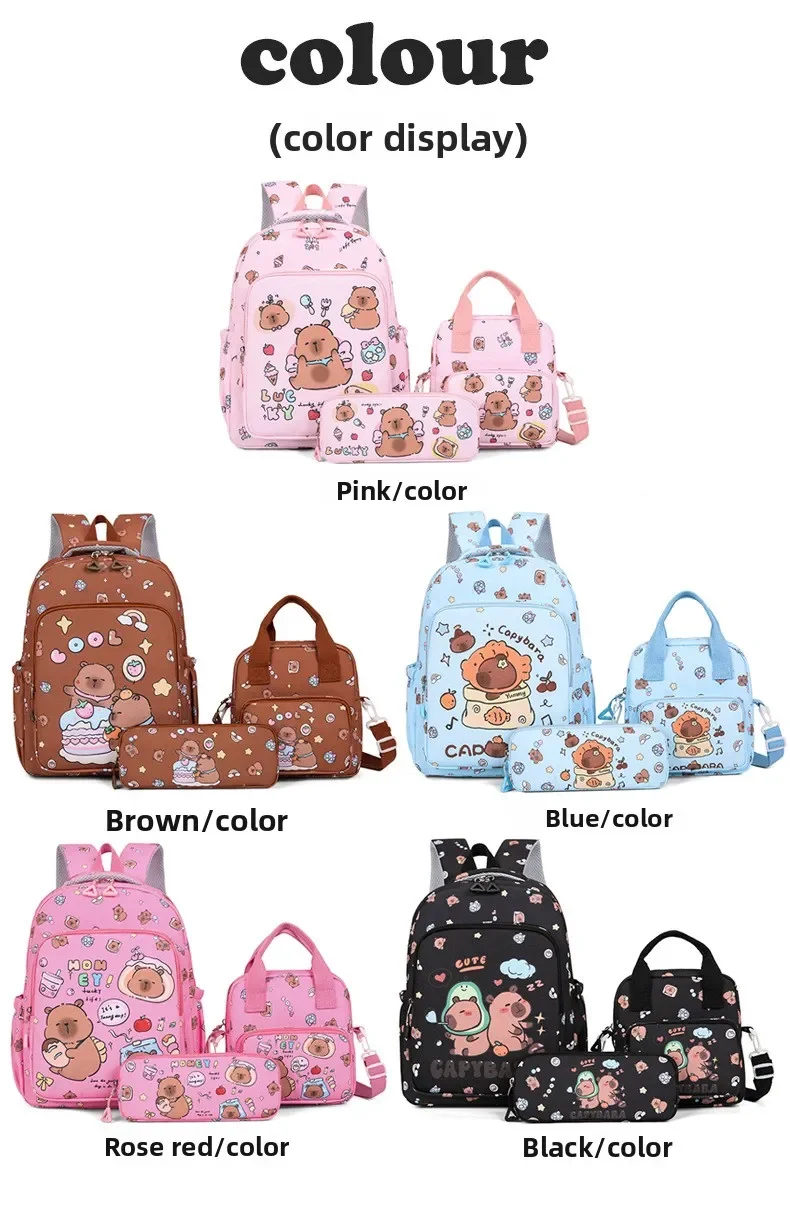 Capybara Colorful Backpack 3Pcs/Set for Women Casual School Bags with Lunch Bag Girl Boy Student Teenager Rucksack