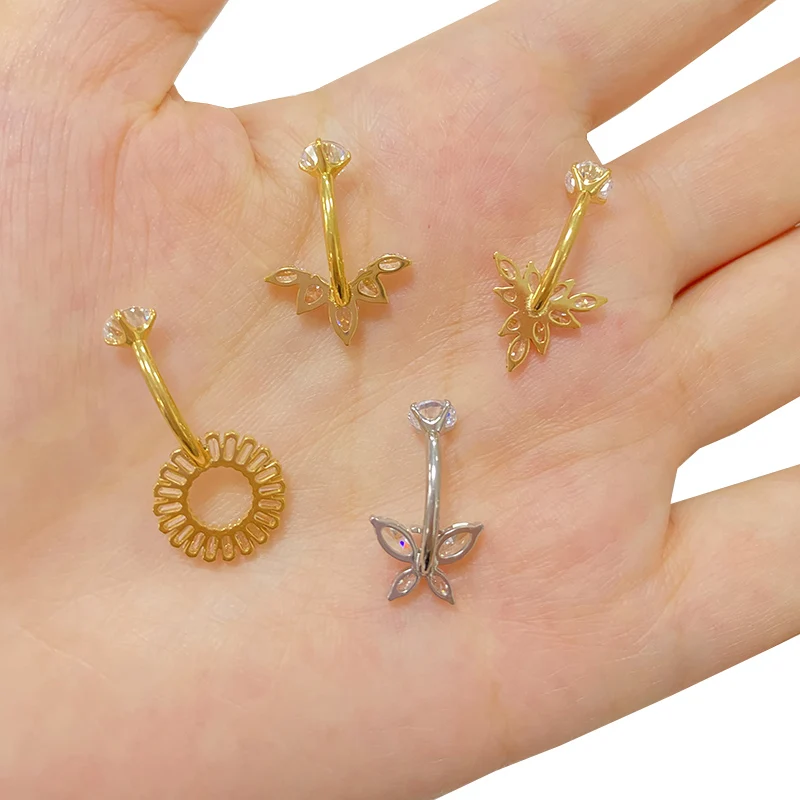 ASTM F136 Titanium Navel Ring PIERC Belly Navel Rings Zircon Paved Top Threaded Piercing Belly Button Ring Factory Body Jewelr