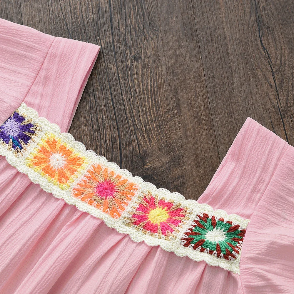 Leisure Vacation Style Children's Suit Solid Color Flower Embroidery Square Neck Short Sleeved Top+shorts Two-piece Set Summer