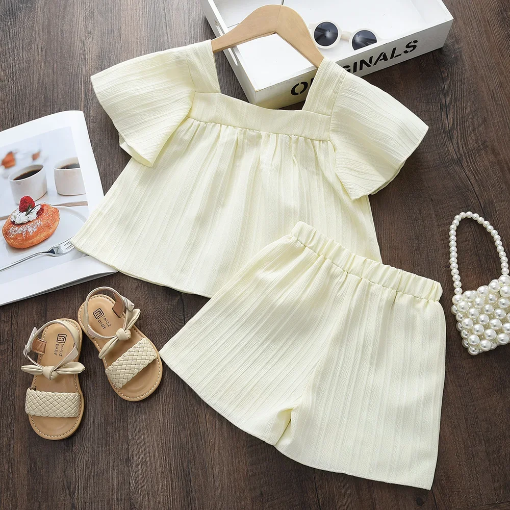 Leisure Vacation Style Children's Suit Solid Color Flower Embroidery Square Neck Short Sleeved Top+shorts Two-piece Set Summer