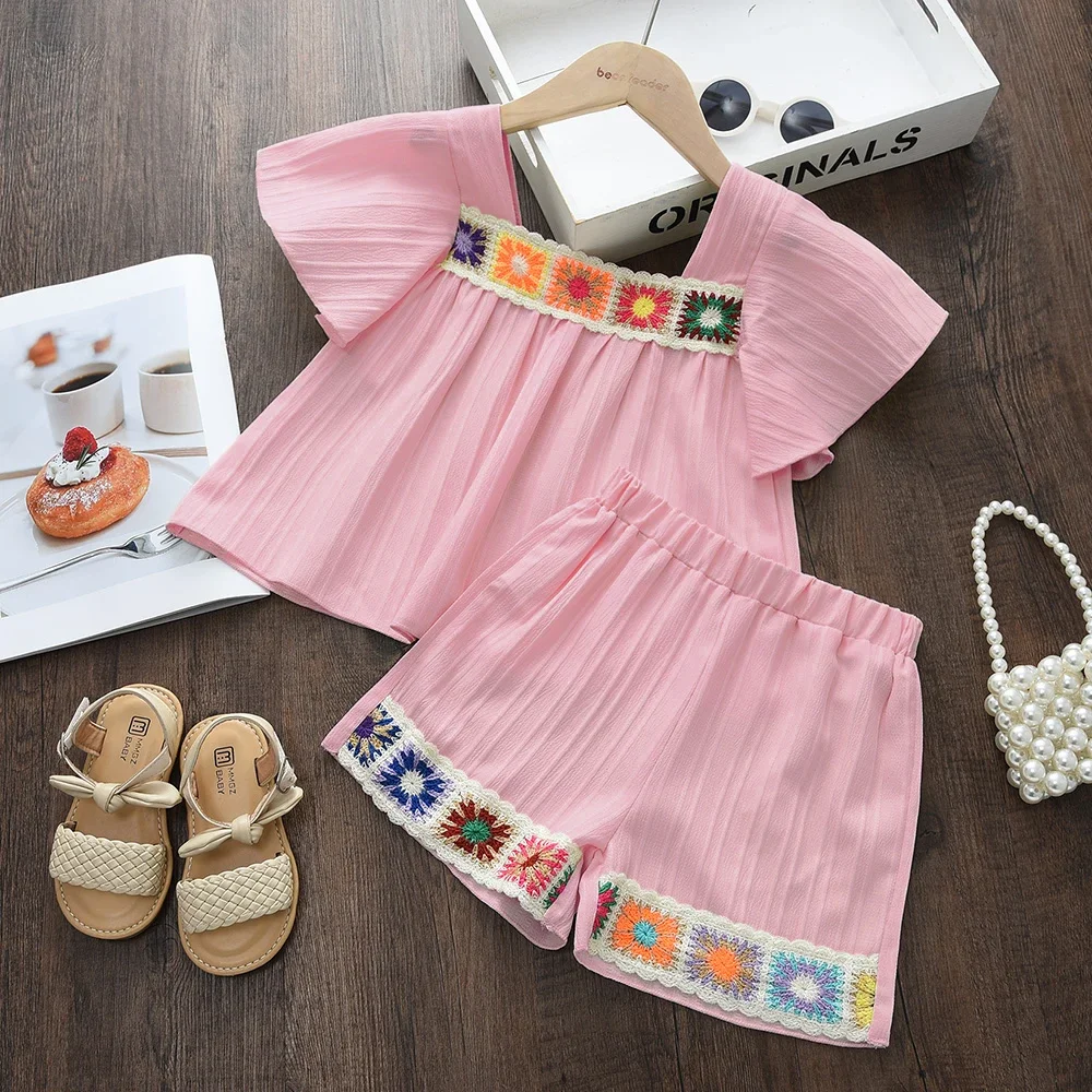 Leisure Vacation Style Children's Suit Solid Color Flower Embroidery Square Neck Short Sleeved Top+shorts Two-piece Set Summer