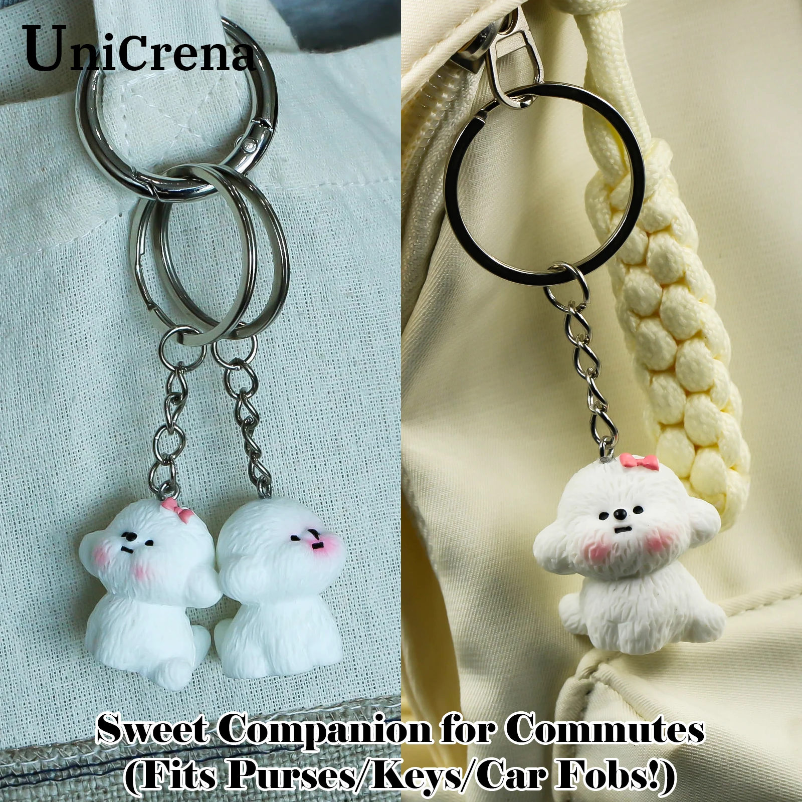 UniCrena Cute Bichon Frise Dog Keychain Bag Charm for Backpack Handbag Purse Car Keys Keychain Cute Pet Lover Gift for Her Him