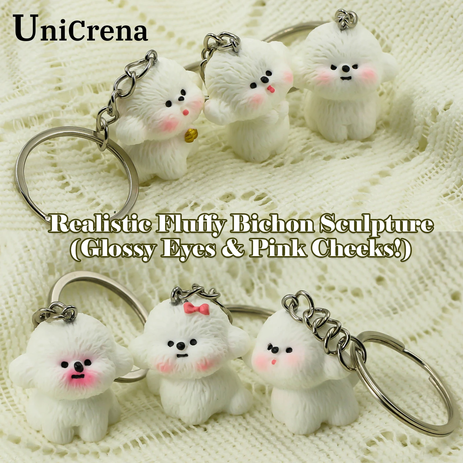 UniCrena Cute Bichon Frise Dog Keychain Bag Charm for Backpack Handbag Purse Car Keys Keychain Cute Pet Lover Gift for Her Him