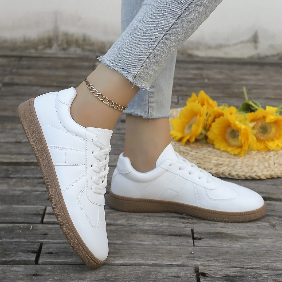 Ladies' casual white sports shoes - lace up, low cut, breathable fabric, comfortable all year round