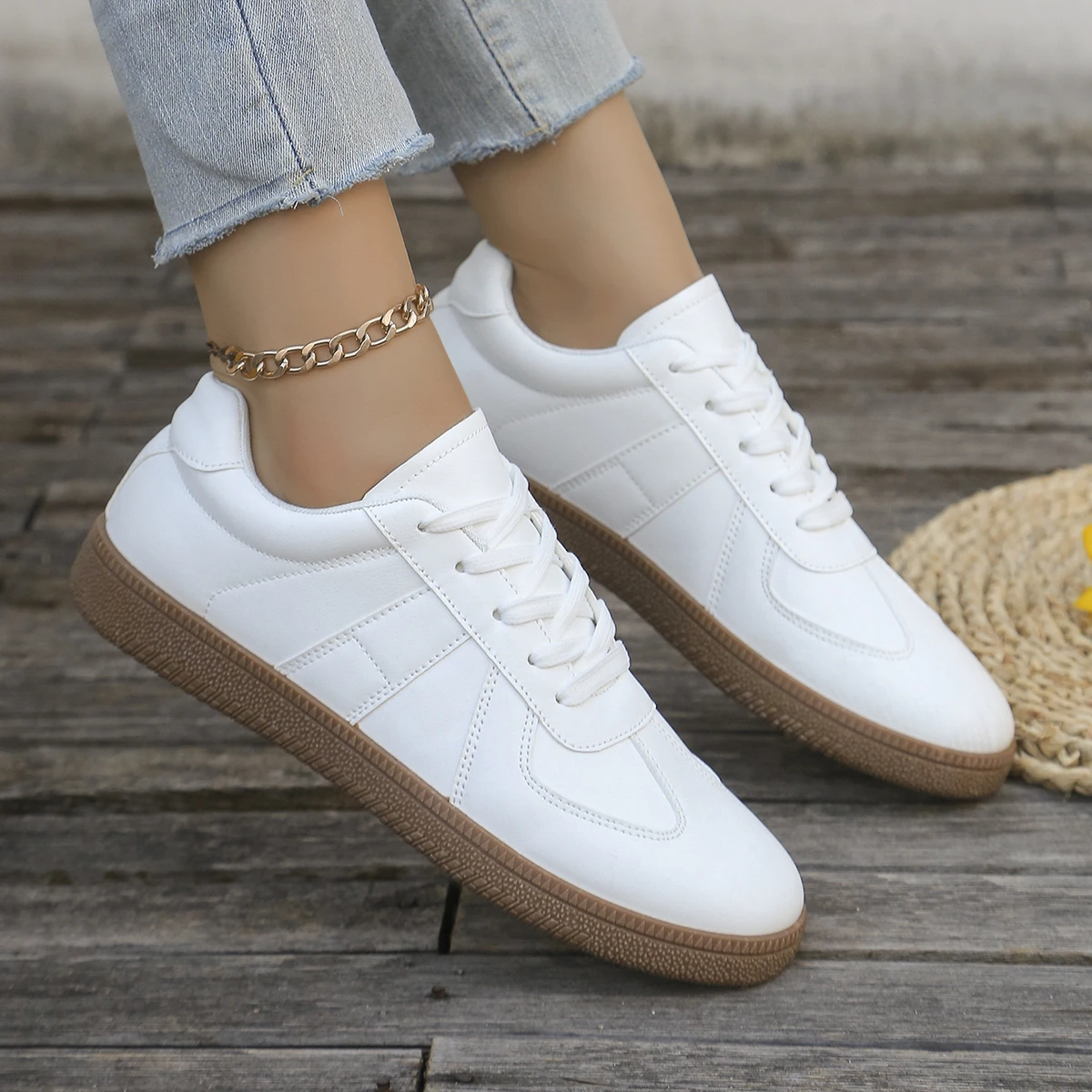 Ladies' casual white sports shoes - lace up, low cut, breathable fabric, comfortable all year round