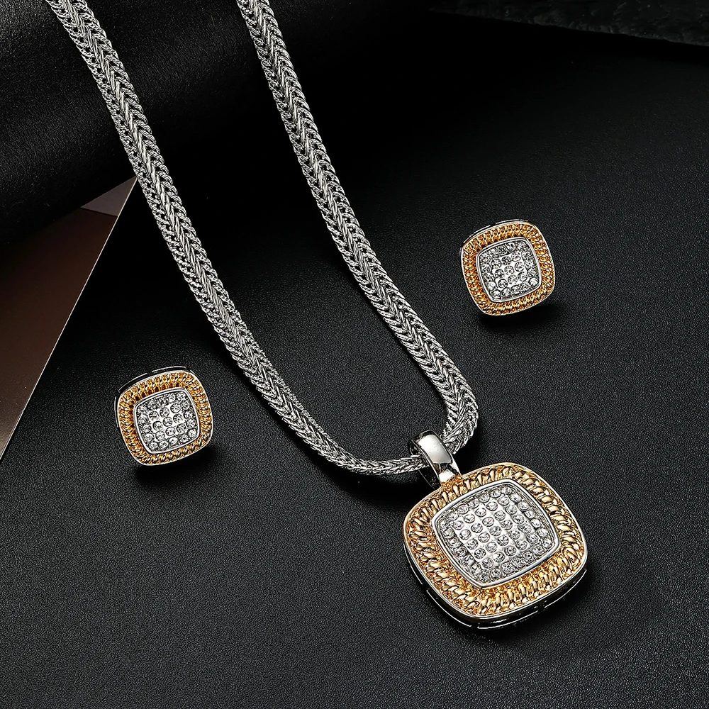 Zircon Necklace Set Geometric Square Shape Pendant Earrings Copper Plated 18K Gold Jewelry Set