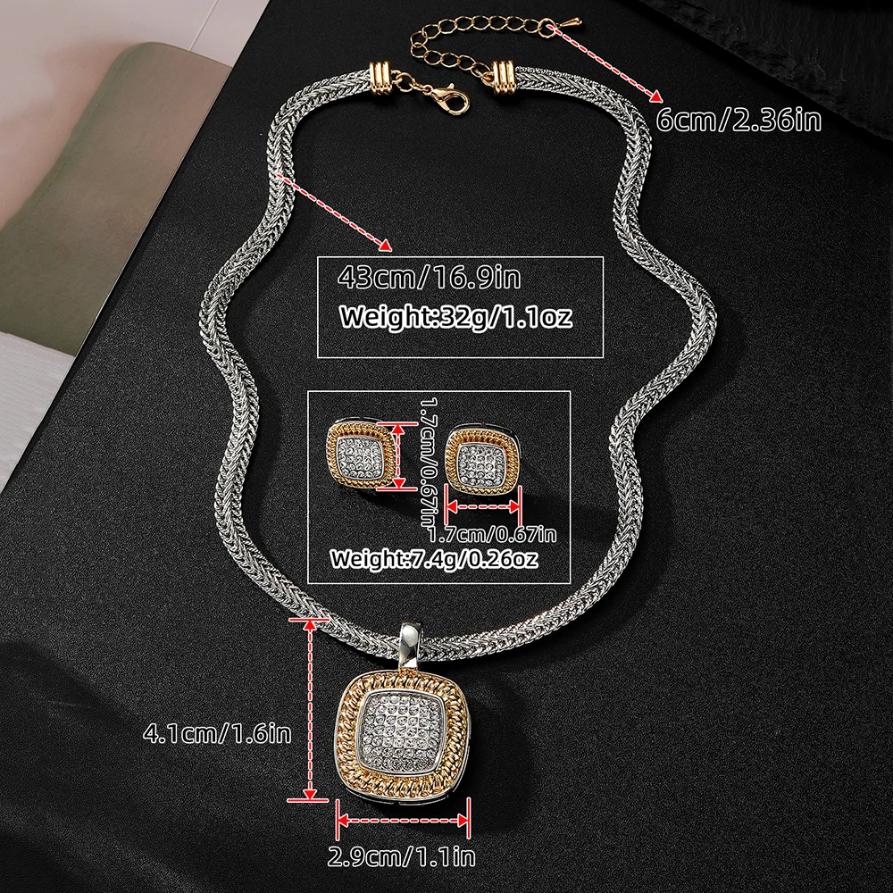 Zircon Necklace Set Geometric Square Shape Pendant Earrings Copper Plated 18K Gold Jewelry Set