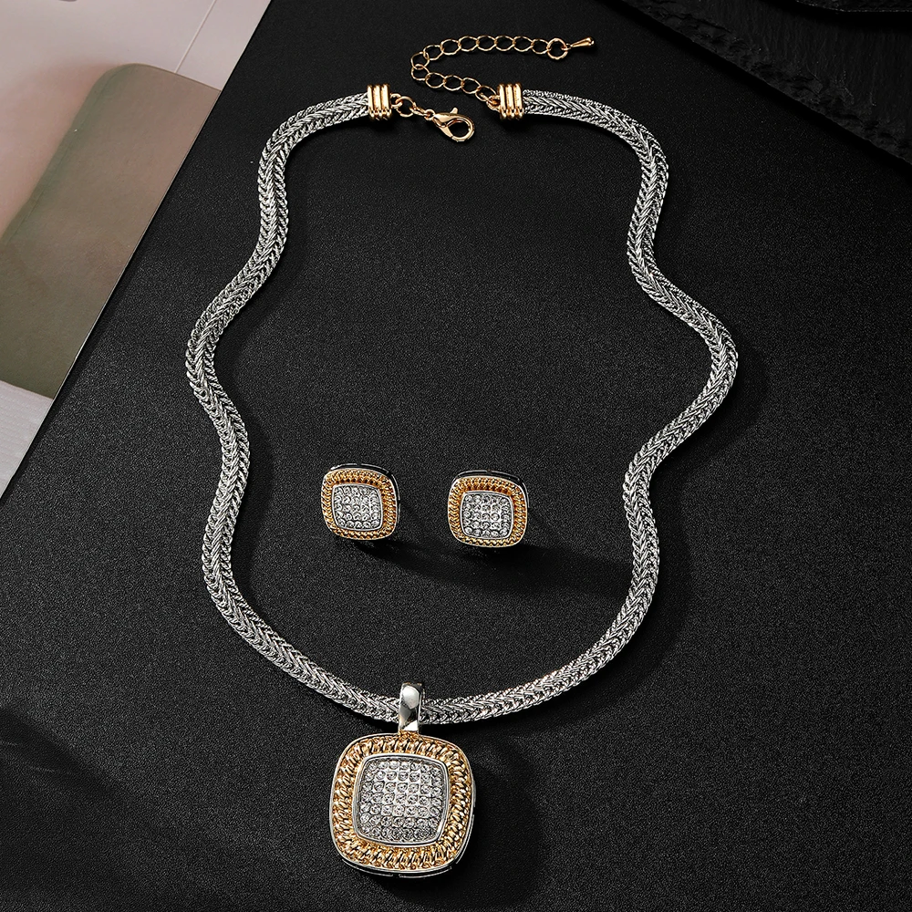 Zircon Necklace Set Geometric Square Shape Pendant Earrings Copper Plated 18K Gold Jewelry Set