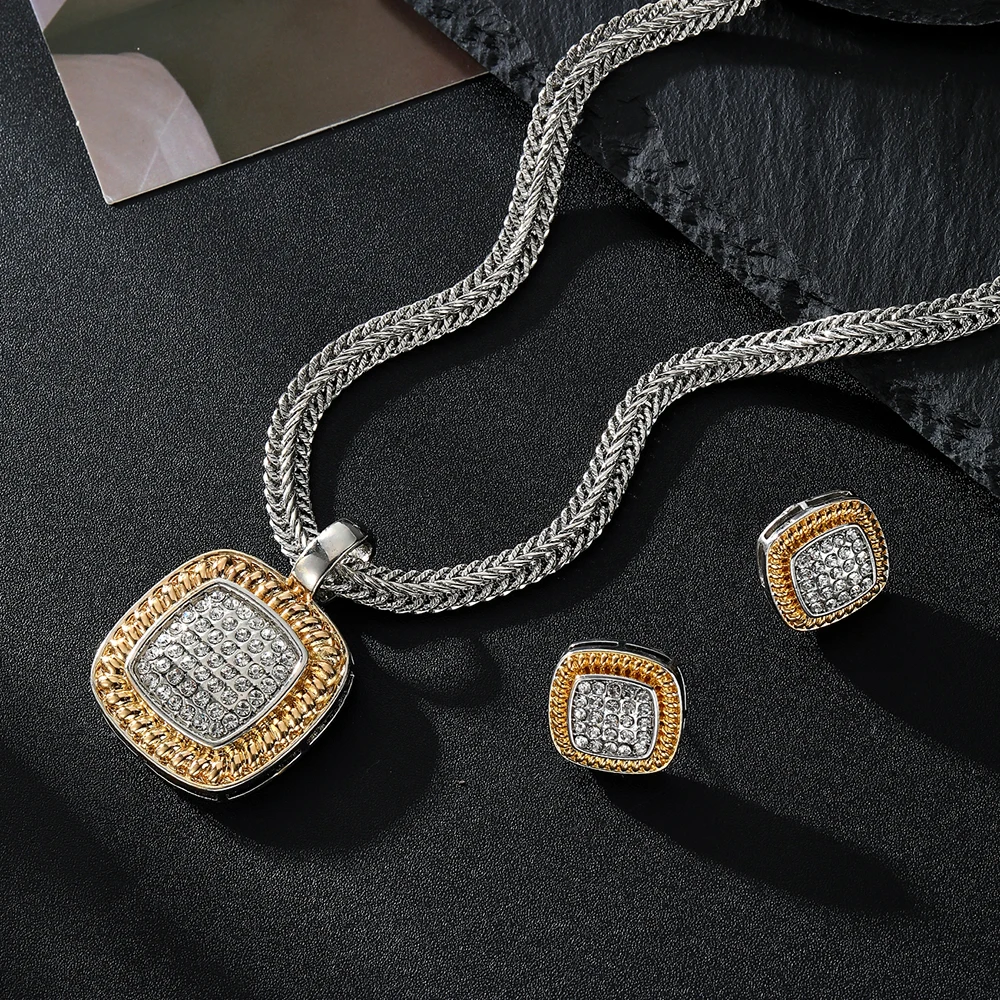 Zircon Necklace Set Geometric Square Shape Pendant Earrings Copper Plated 18K Gold Jewelry Set