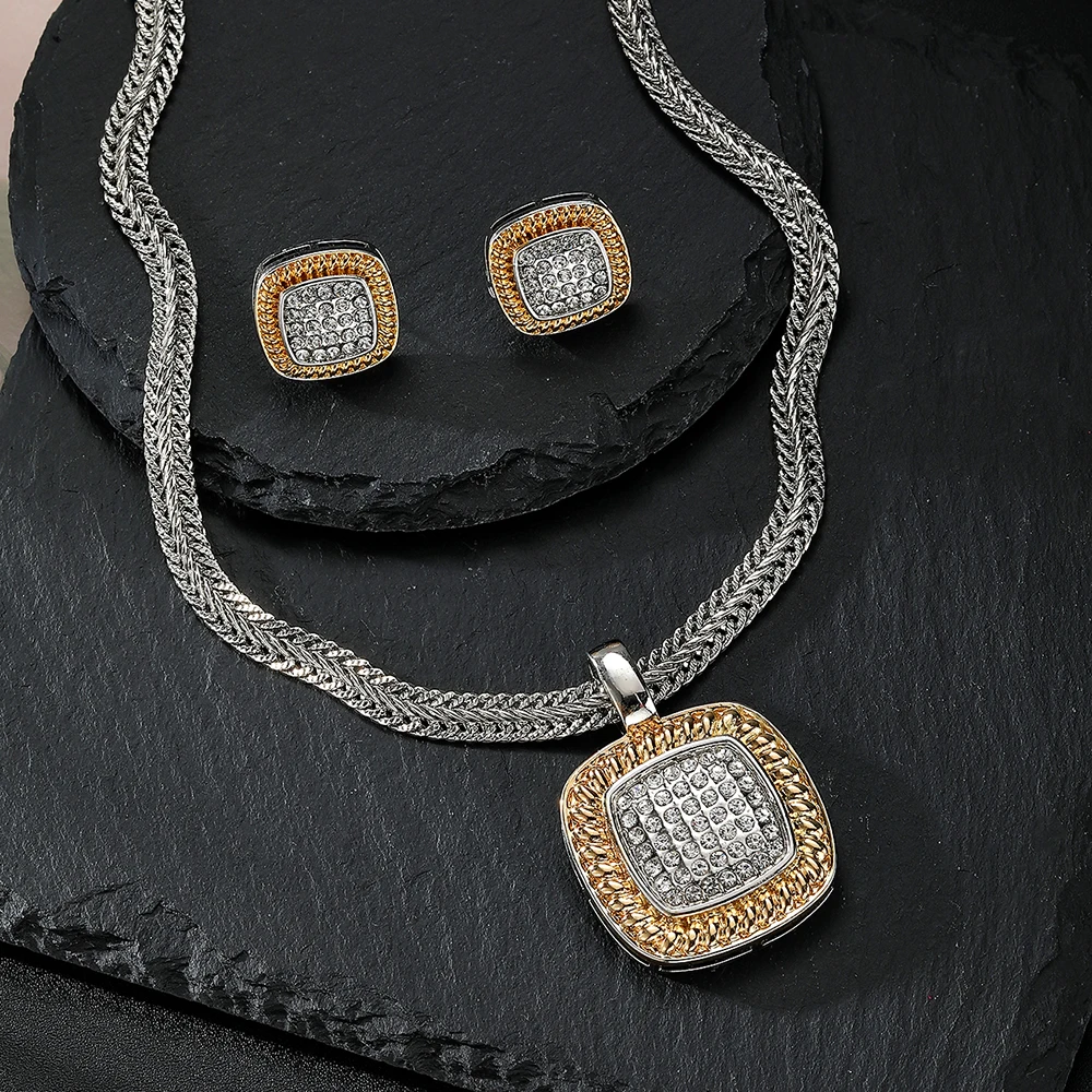 Zircon Necklace Set Geometric Square Shape Pendant Earrings Copper Plated 18K Gold Jewelry Set