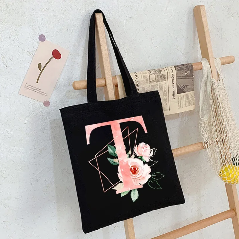 Black Floral Alphabet Canvas Tote Bag Vintage Aesthetic Shoulder Bag for Women Students Large Capacity Book Handbag Eco-friendly