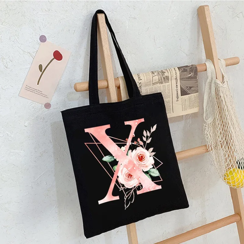Black Floral Alphabet Canvas Tote Bag Vintage Aesthetic Shoulder Bag for Women Students Large Capacity Book Handbag Eco-friendly