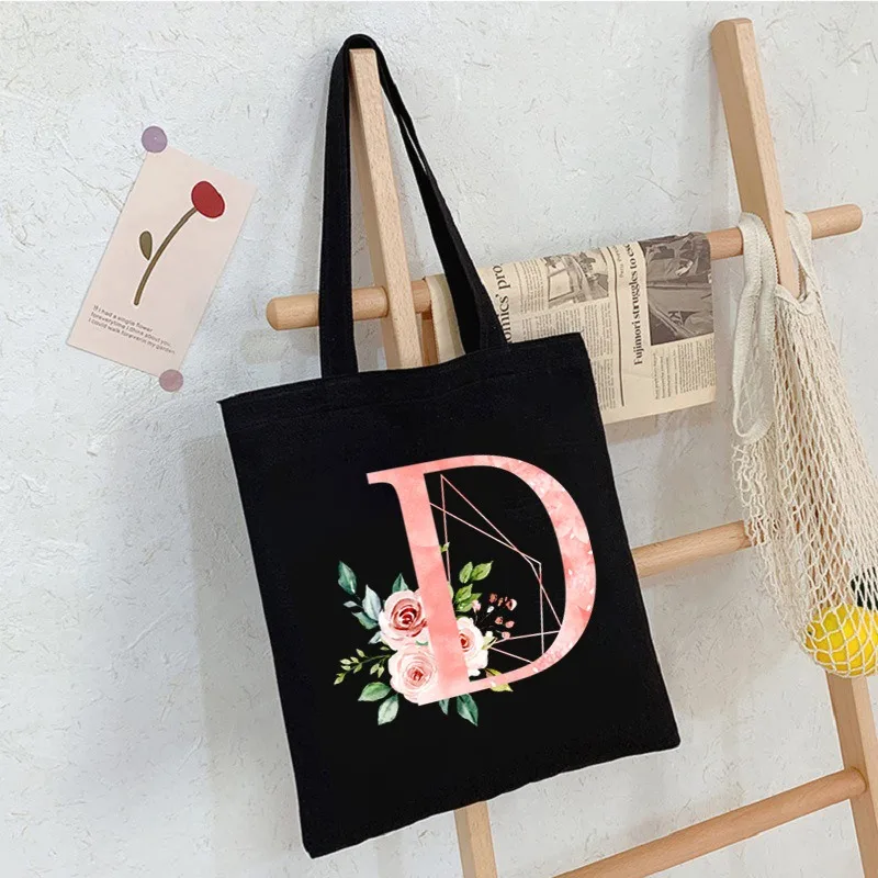 Black Floral Alphabet Canvas Tote Bag Vintage Aesthetic Shoulder Bag for Women Students Large Capacity Book Handbag Eco-friendly