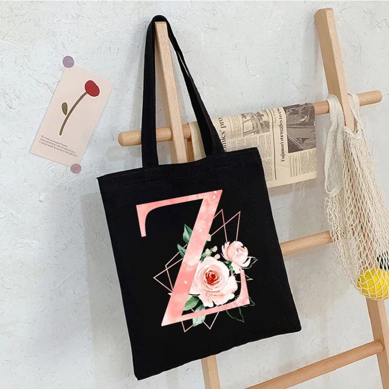 Black Floral Alphabet Canvas Tote Bag Vintage Aesthetic Shoulder Bag for Women Students Large Capacity Book Handbag Eco-friendly