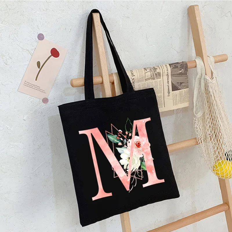 Black Floral Alphabet Canvas Tote Bag Vintage Aesthetic Shoulder Bag for Women Students Large Capacity Book Handbag Eco-friendly