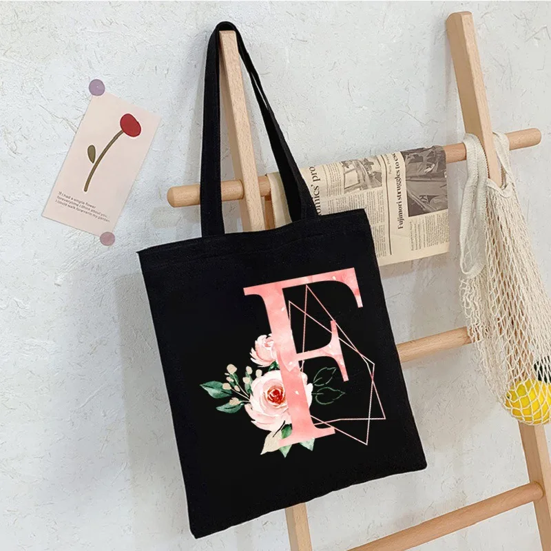 Black Floral Alphabet Canvas Tote Bag Vintage Aesthetic Shoulder Bag for Women Students Large Capacity Book Handbag Eco-friendly