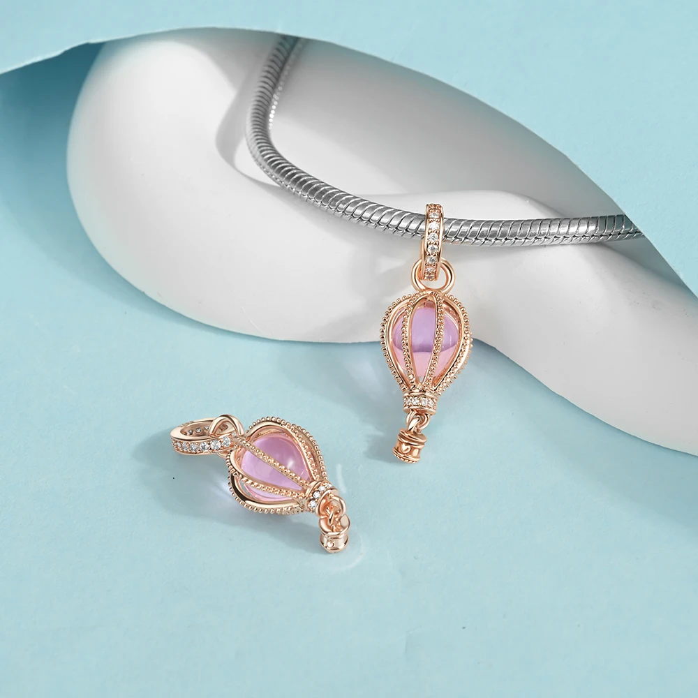 Fashionable 925 Sterling Silver Blue and Pink Hot Air Balloon Pendant Dangle Charm Fit Brand Bracelet Sparkling Jewelry