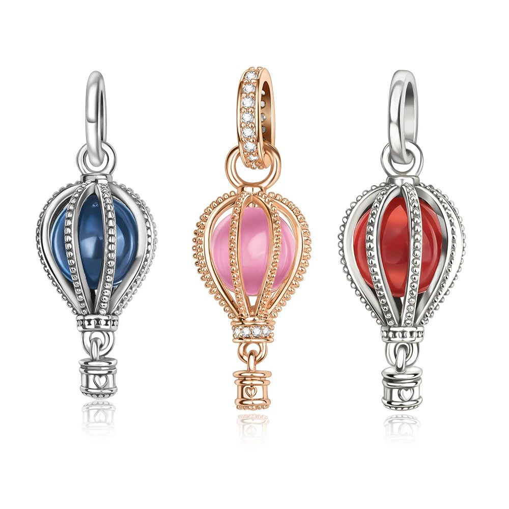 Fashionable 925 Sterling Silver Blue and Pink Hot Air Balloon Pendant Dangle Charm Fit Brand Bracelet Sparkling Jewelry