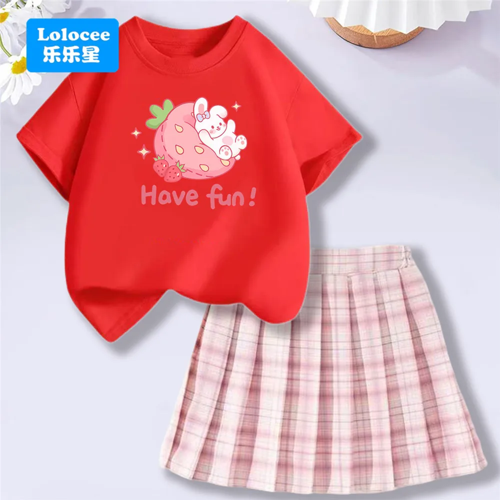 Kids' Summer School Outfit - Kawii Bunny & Strawberry T-Shirt Top + Plaid Skirt 2 Piece Set Fashion Girls Clothes