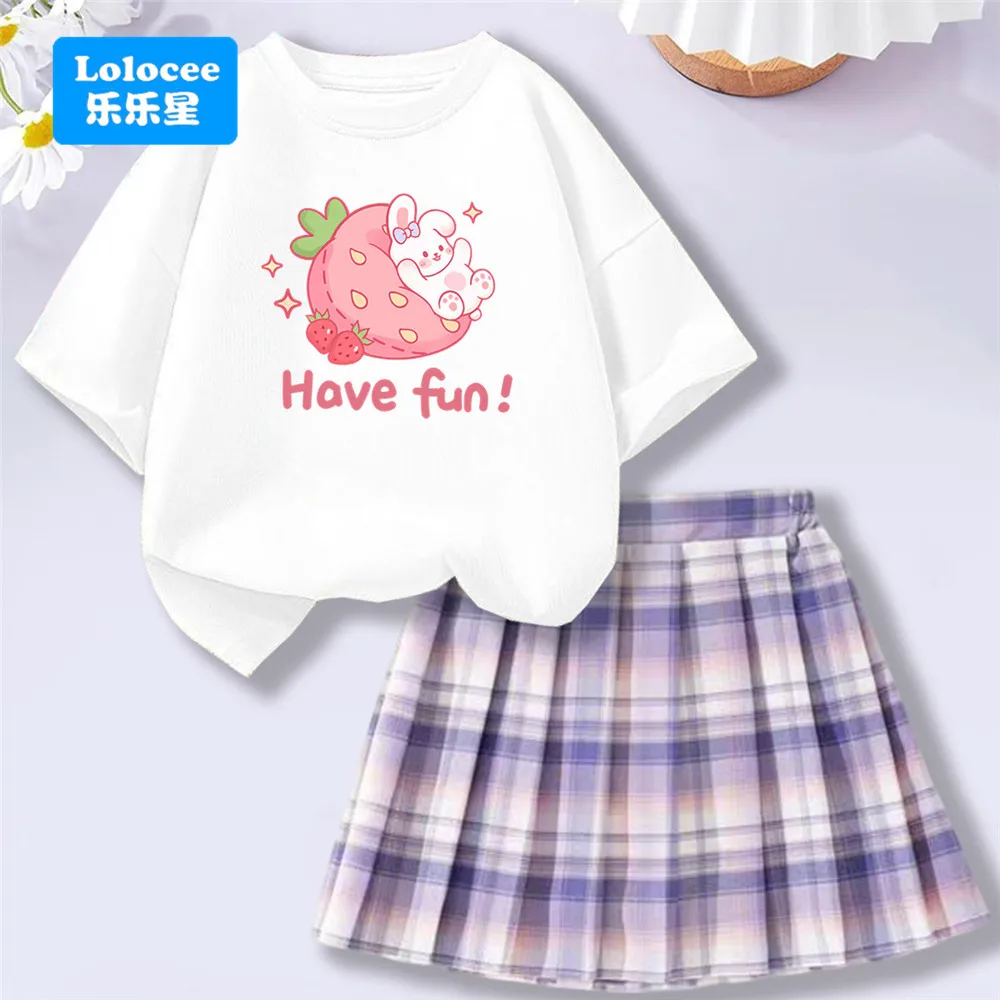 Kids' Summer School Outfit - Kawii Bunny & Strawberry T-Shirt Top + Plaid Skirt 2 Piece Set Fashion Girls Clothes