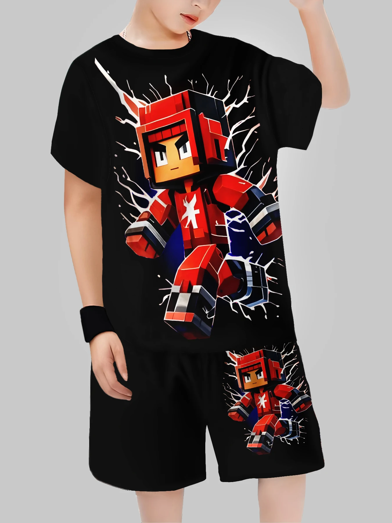 new Block Man Digital Printing Cross Border Children's Clothing Casual Short Sleeved T-shirt Boys' Clothing