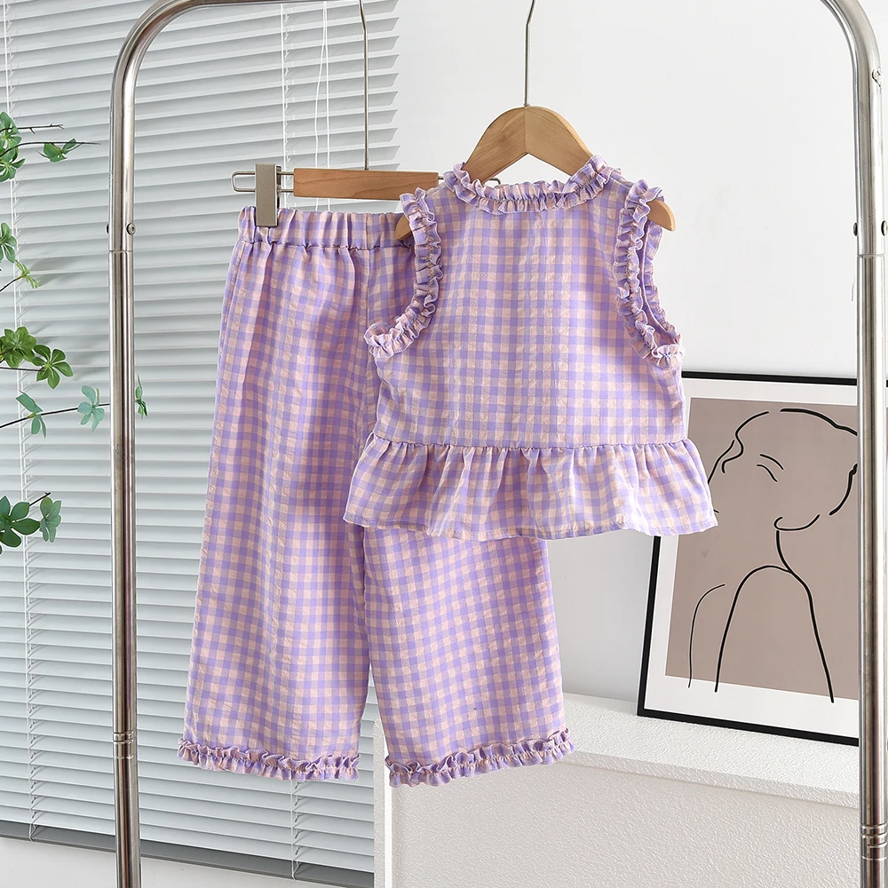 Blue and White Grid Fresh Casual Girls' Clothing Lace Sleeveless Single Breasted Vest+wide Leg Pants Two-piece Set for Summer