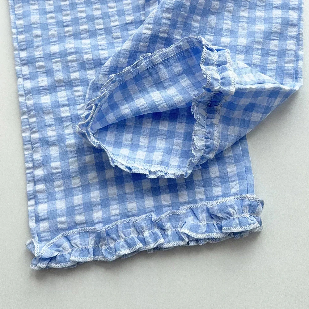 Blue and White Grid Fresh Casual Girls' Clothing Lace Sleeveless Single Breasted Vest+wide Leg Pants Two-piece Set for Summer