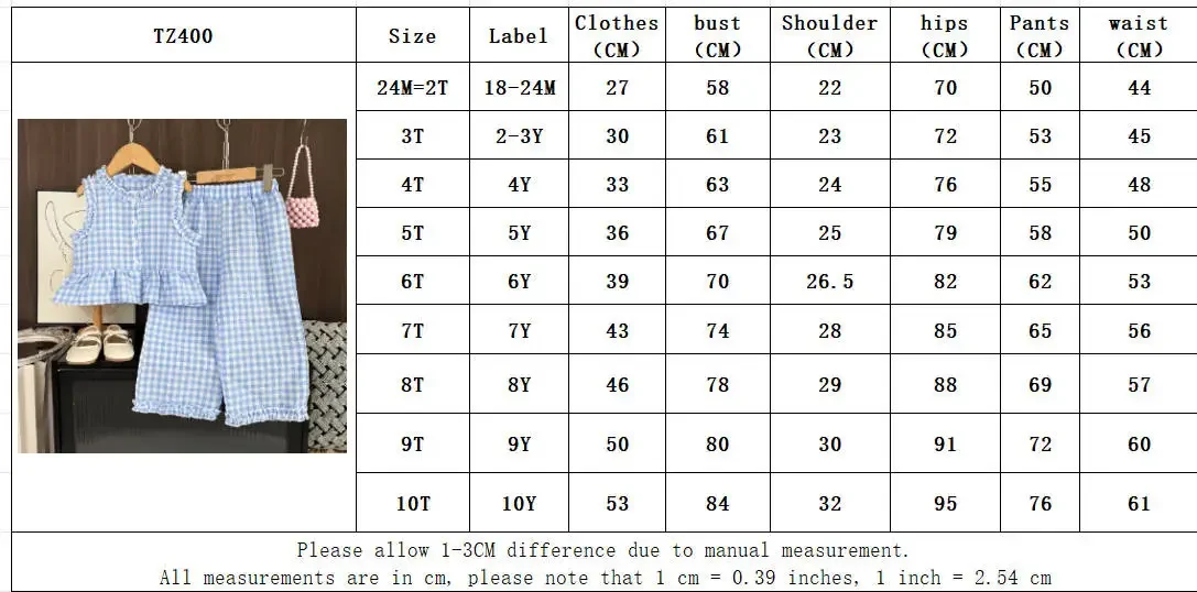 Blue and White Grid Fresh Casual Girls' Clothing Lace Sleeveless Single Breasted Vest+wide Leg Pants Two-piece Set for Summer