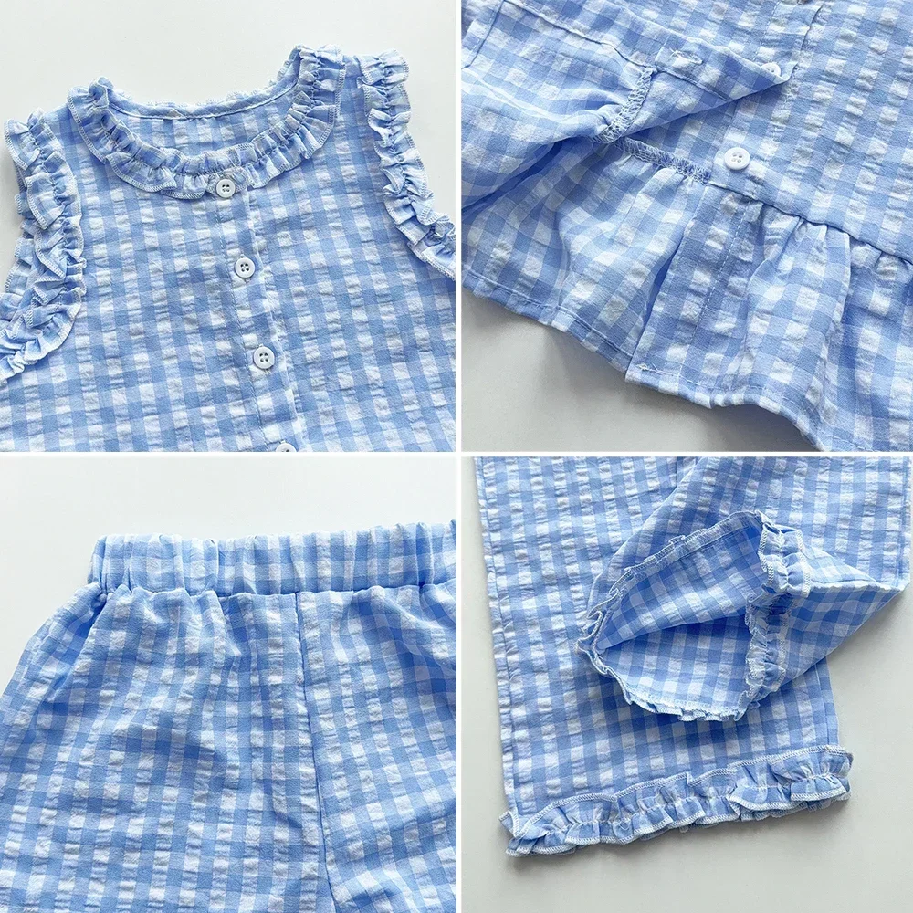 Blue and White Grid Fresh Casual Girls' Clothing Lace Sleeveless Single Breasted Vest+wide Leg Pants Two-piece Set for Summer