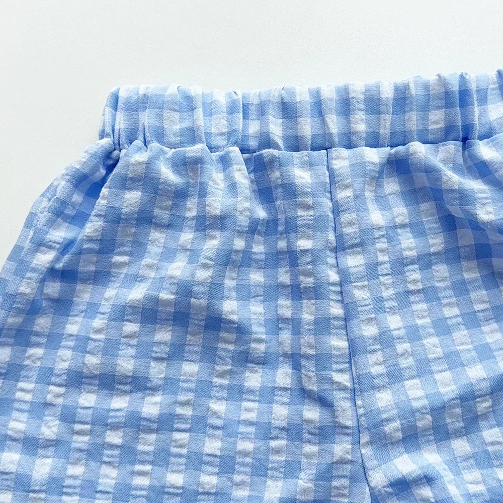 Blue and White Grid Fresh Casual Girls' Clothing Lace Sleeveless Single Breasted Vest+wide Leg Pants Two-piece Set for Summer