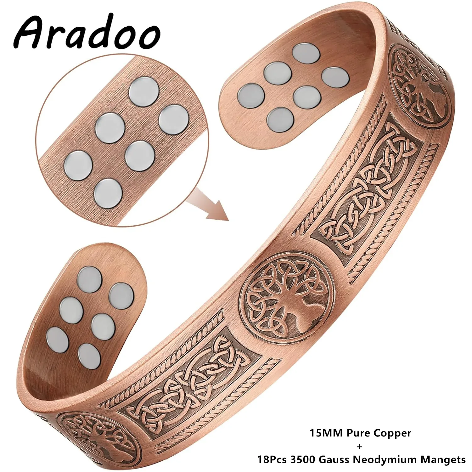 ARADOO Tree of Life Premium Copper Bracelet for Men Women with 18pcs Strength Magnetic Cuff Bangle Jewelry with Gift Box