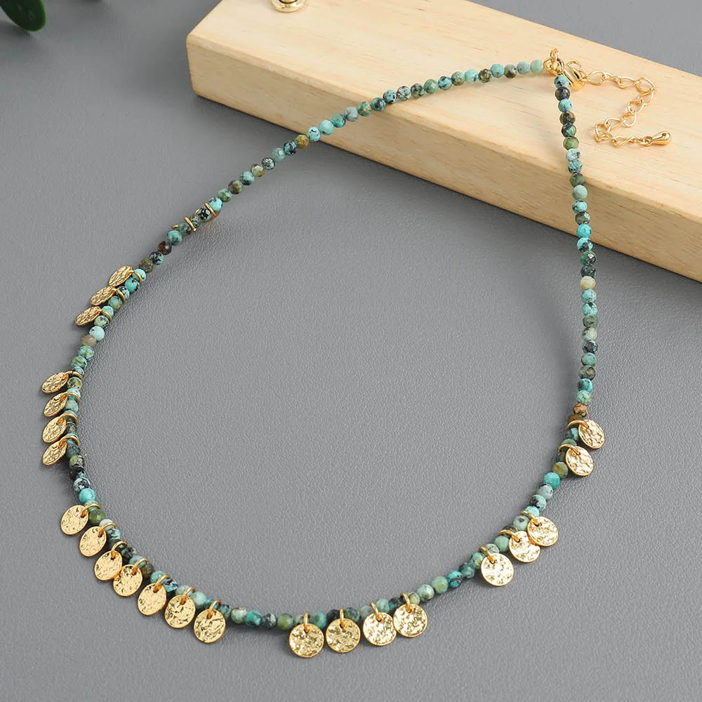 Vintage green African turquoise collarbone chain with niche design, high-end round piece women's necklace