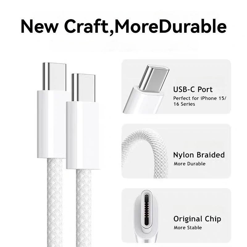 10 PCS 60W PD USB-C Fast Charging Braided Cable For iPhone 15 16 Pro Max Samsung Xiaomi Redmi POCO Type C Cables With Retail Box