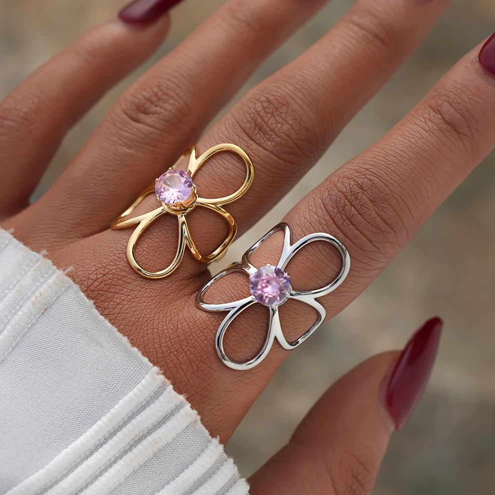 Uself Trendy Stainless Steel Metal Flower Adjustable Fashion Finger Ring Rust Proof Attractive Daily Jewelry Accessories Gift