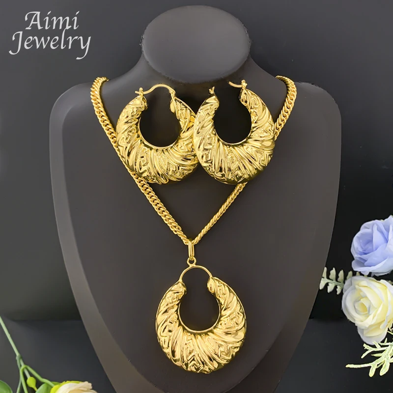 Popular African 18K Gold Plated Copper Jewelry Set for Women Earrings Pendant Necklace Brazilian Bridal Wedding Party Gifts
