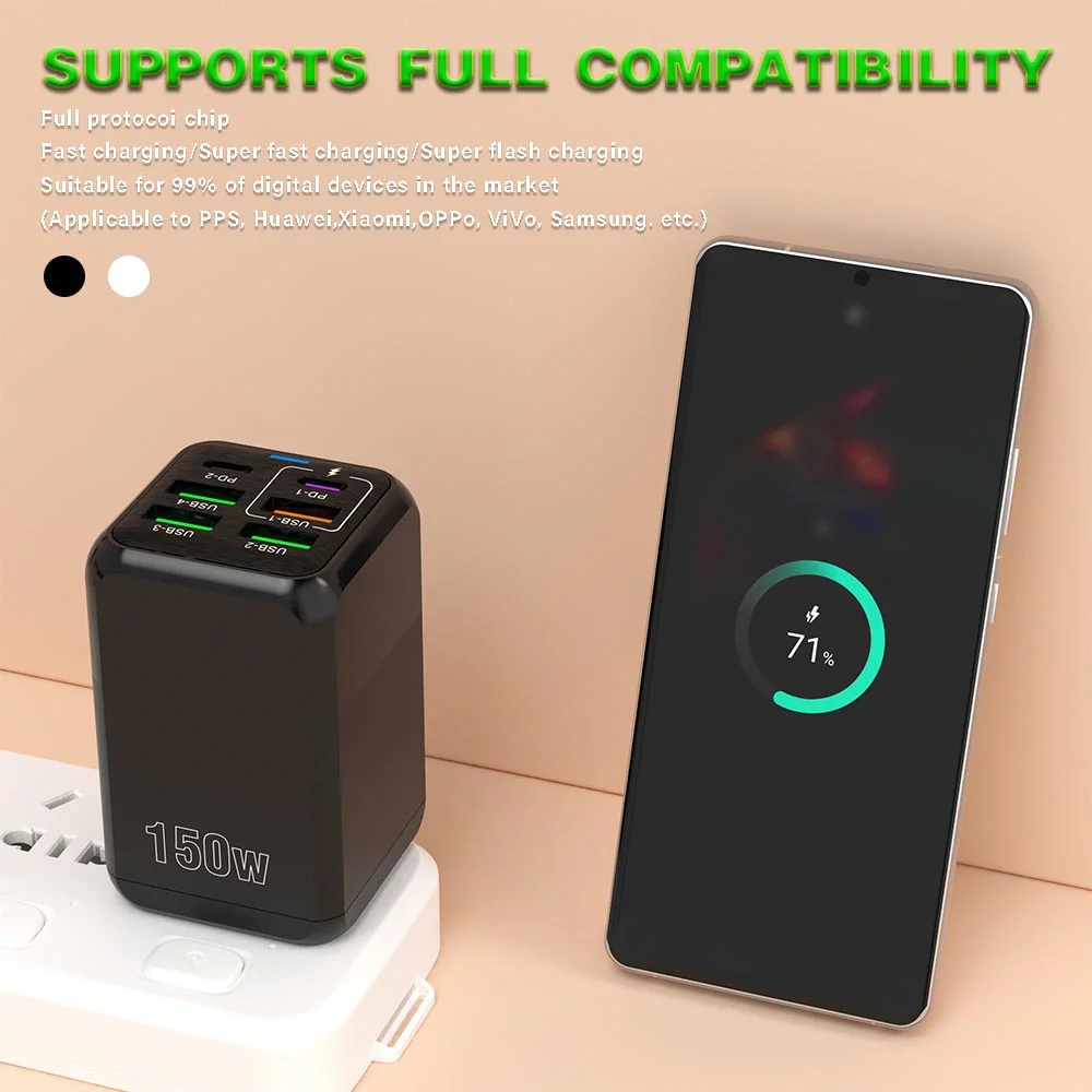 150W 6-Port PD QC3.0 USB C Wall Charger Super Fast Charging Station For iPhone 15 16 Pro Samsung S24 iPad Xiaomi Huawei OnePlus