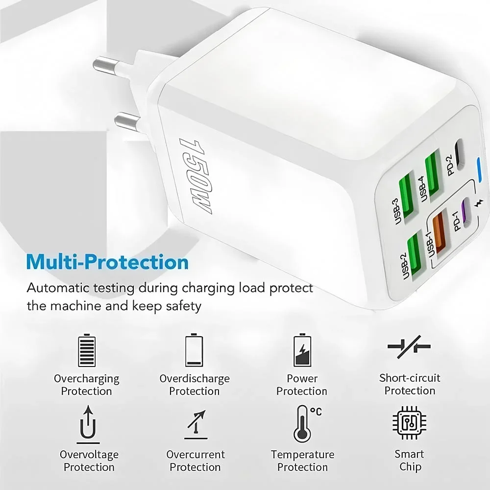 150W 6-Port PD QC3.0 USB C Wall Charger Super Fast Charging Station For iPhone 15 16 Pro Samsung S24 iPad Xiaomi Huawei OnePlus
