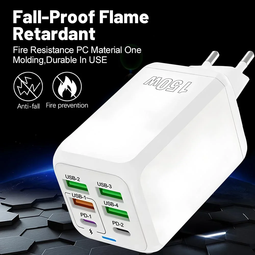 150W 6-Port PD QC3.0 USB C Wall Charger Super Fast Charging Station For iPhone 15 16 Pro Samsung S24 iPad Xiaomi Huawei OnePlus