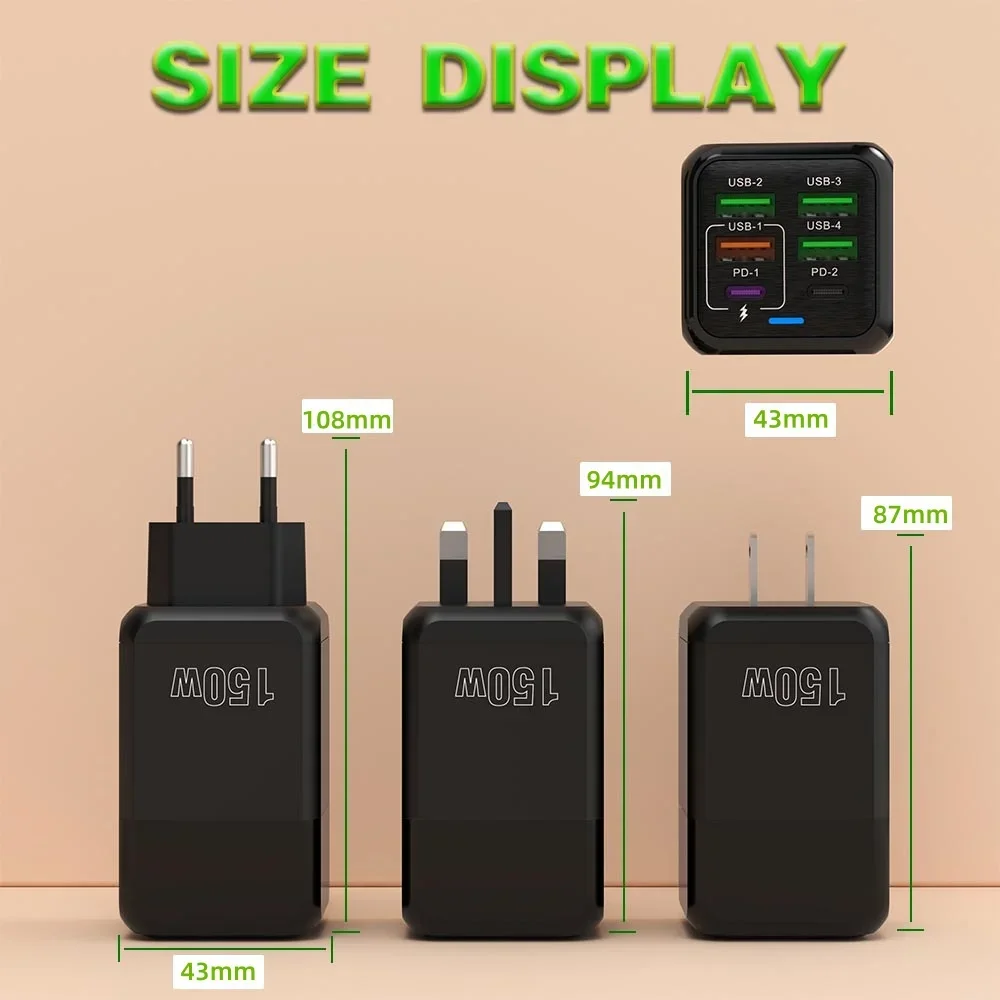 150W 6-Port PD QC3.0 USB C Wall Charger Super Fast Charging Station For iPhone 15 16 Pro Samsung S24 iPad Xiaomi Huawei OnePlus