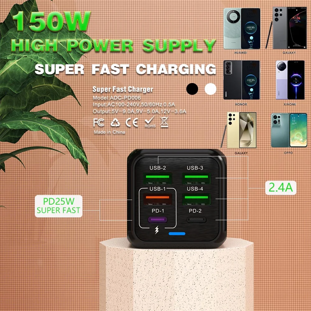 150W 6-Port PD QC3.0 USB C Wall Charger Super Fast Charging Station For iPhone 15 16 Pro Samsung S24 iPad Xiaomi Huawei OnePlus