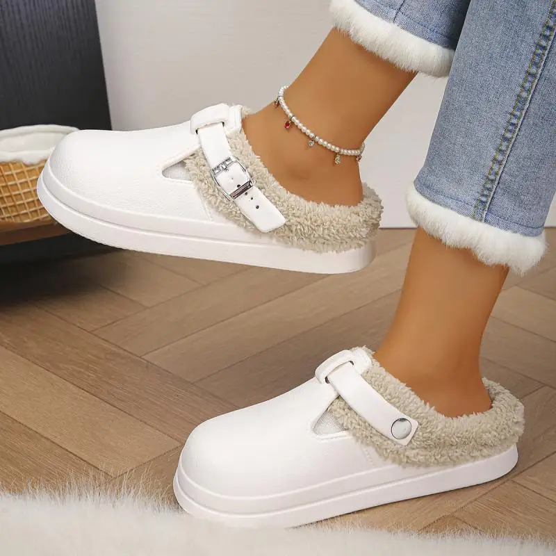 Waterproof Eva Furry Mules Slippers Women 2025 Winter Metal Buckle Warm Plush Slippers Soft Thick Bottom Non Slip Indoor Slides