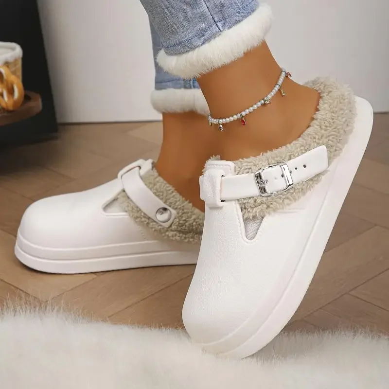 Waterproof Eva Furry Mules Slippers Women 2025 Winter Metal Buckle Warm Plush Slippers Soft Thick Bottom Non Slip Indoor Slides