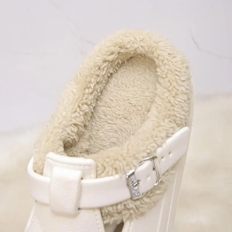 Waterproof Eva Furry Mules Slippers Women 2025 Winter Metal Buckle Warm Plush Slippers Soft Thick Bottom Non Slip Indoor Slides